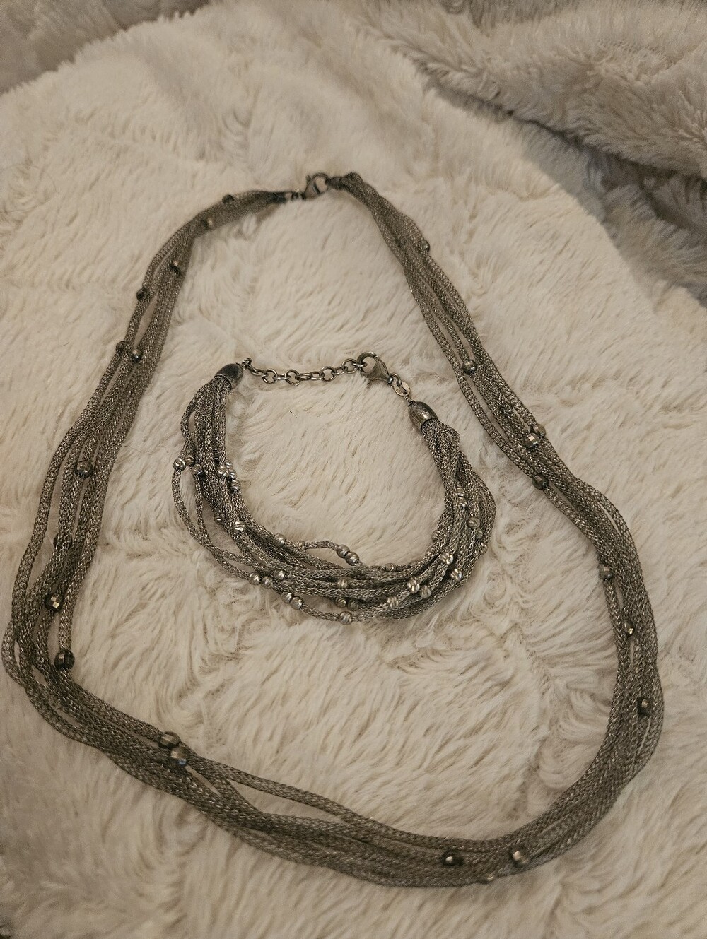 Multi-Strand Silver-Tone Beaded Necklace and Bracelet Set